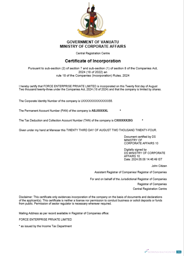 Download Vanuatu business registration certificate Word and PDF template Photoshop template